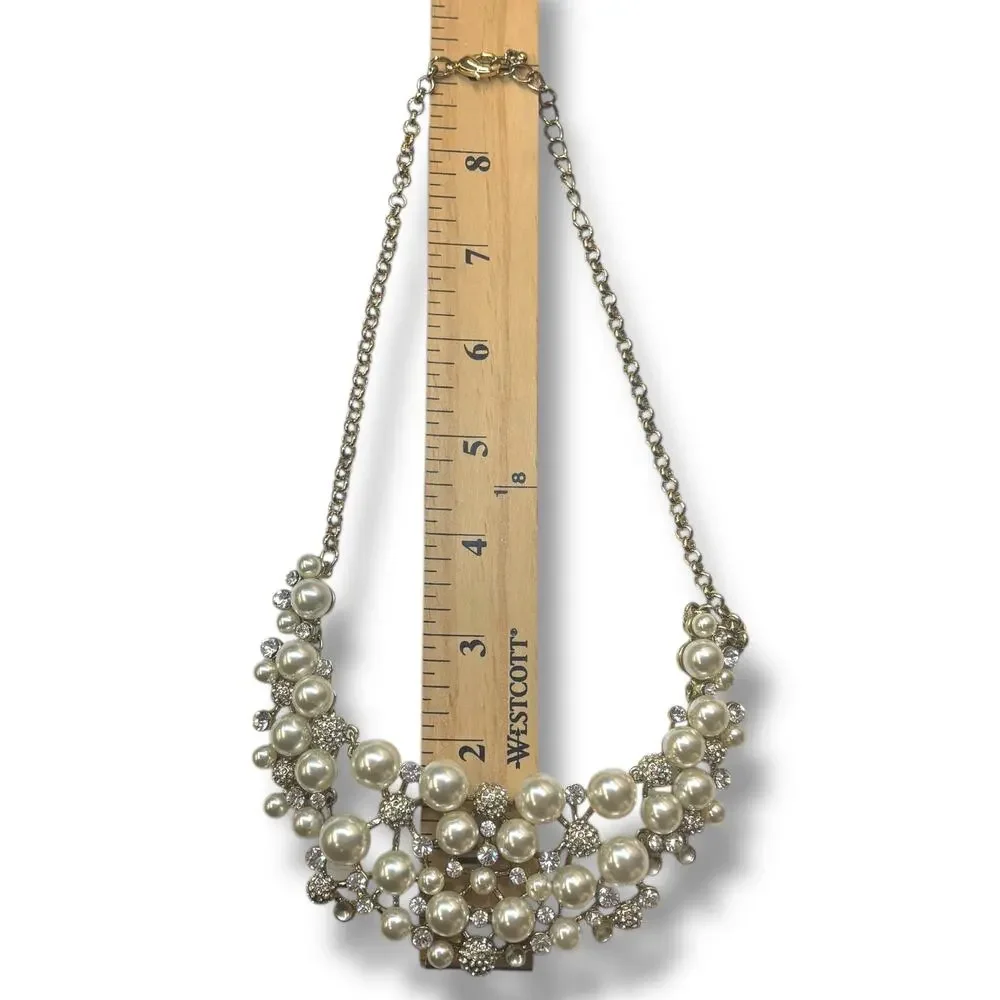 Faux Pearl Rhinestone Statement Bib Necklace Gold Sparkly Old Hollywood 18